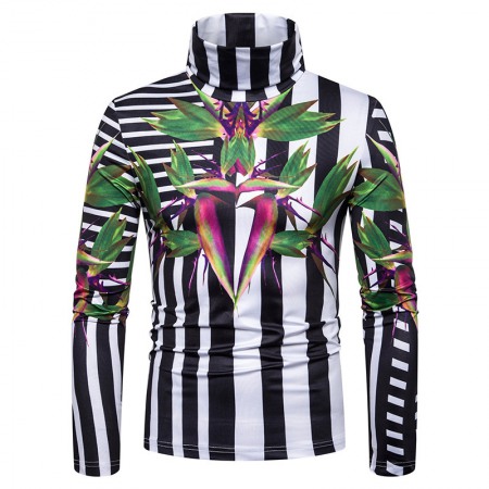 New Men's Plus Size 3D Stripe Printing High Neck Long Sleeve T-Shirt Bottoming Shirt