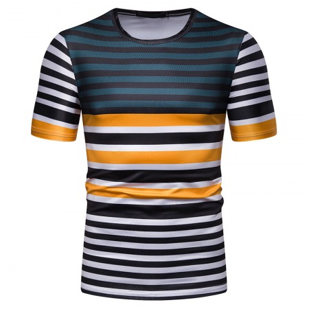 New Summer Men's Short-Sleeved T-Shirt Mens Contrast Striped Slim Casual T-Shirt