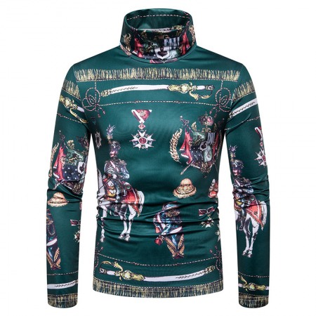 New Men's Large Size 3D Classical Green Pattern Printing High Neck Long Sleeve T-Shirt Bottoming Shirt