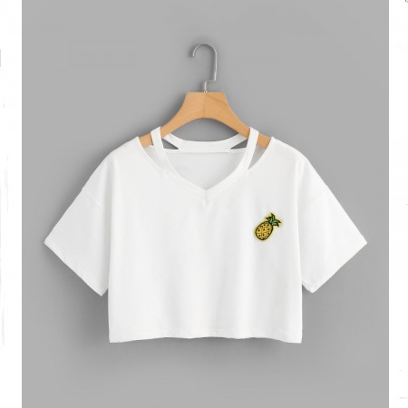 Summer New V-Neck Pineapple Applique Short Sleeve T-Shirt