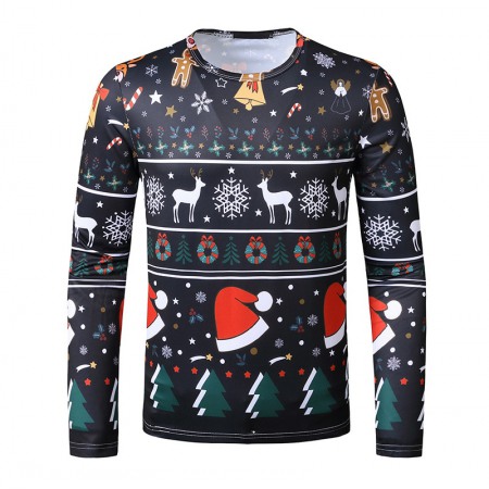 New 3D Personality Printing Fashion Men's Christmas Elk Pattern Long Sleeve T-Shirt