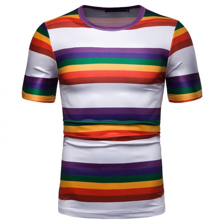 New Summer Men's Short-Sleeved T-Shirt Mens Contrast Striped Slim Casual T-Shirt