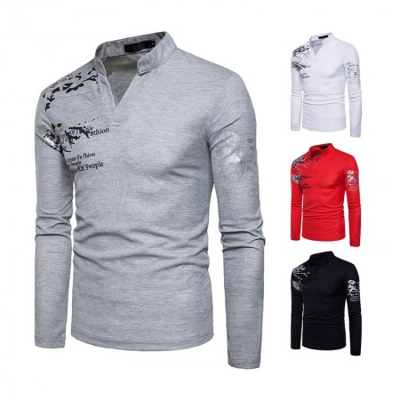 New Fashion Men's Henry Collar Long Sleeve Print T-Shirt Polo Shirt